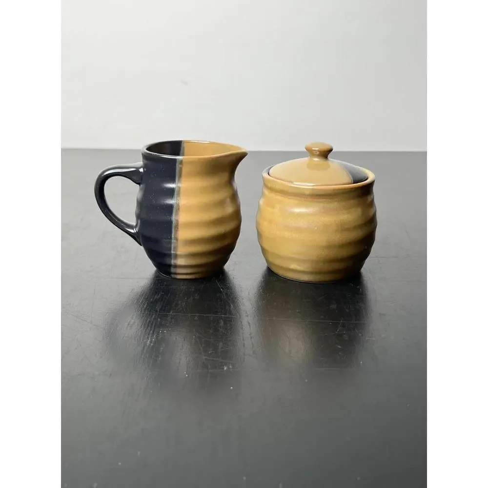 Sango China‎ Gold Dust Black Earthenware Cream & Sugar Pottery